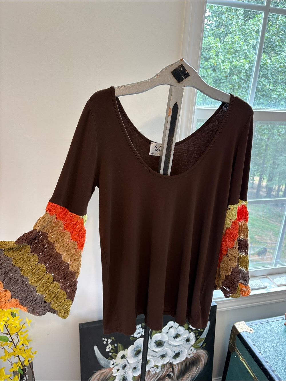 Vava by Joy Han Brown Scoop Neck Top with Multicolor Crochet Bell Sleeves